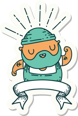 Dövme stili sakallı bir adamın çıkartması. Bir insan tarafından çizilmiş pazılarını esnetiyor.