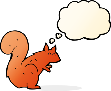 Bir insan tarafından çizilmiş düşünce baloncuklu kırmızı sincap.