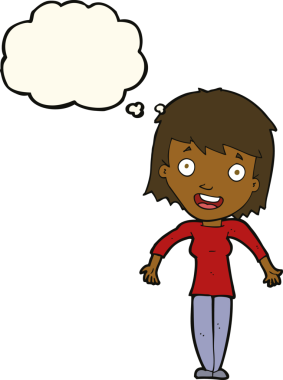 Bir insan tarafından çizilmiş düşünce baloncuğuyla omuz silken çizgi film kadını.