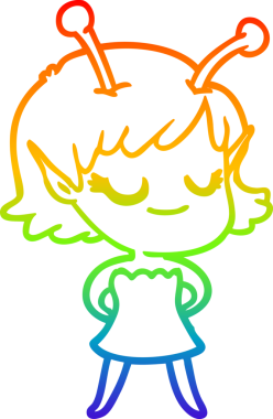 Bir insan tarafından çizilmiş gülümseyen uzaylı kız çizgi filmi.