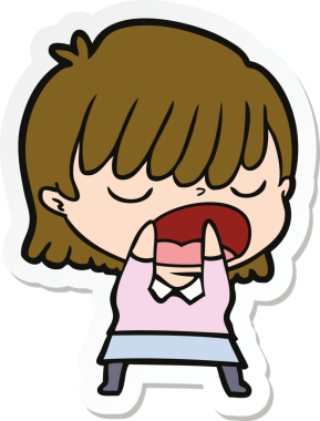 Bir insan tarafından çizilmiş yüksek sesle konuşan bir karikatür kadının çıkartması.