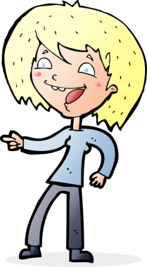 Bir insan tarafından çizilmiş, gülen ve işaret eden çizgi film kadını.