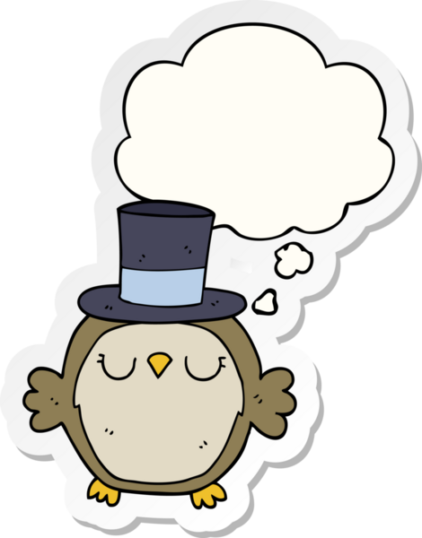 Düşünce baloncuklu silindir şapka takan baykuş bir insan tarafından çizilmiş çıkartma.
