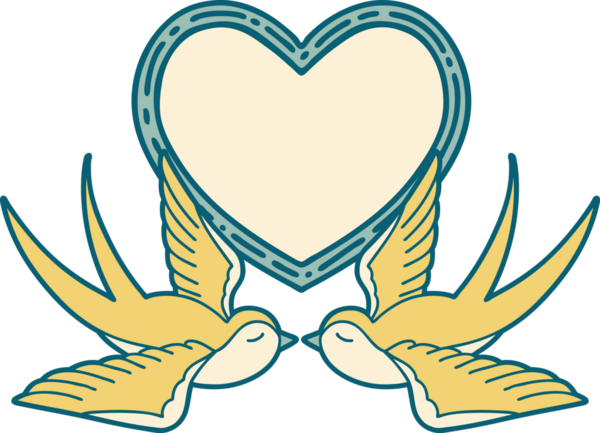 Kırlangıçların ikonik dövme şekli ve bir insan tarafından çizilmiş bir kalp.