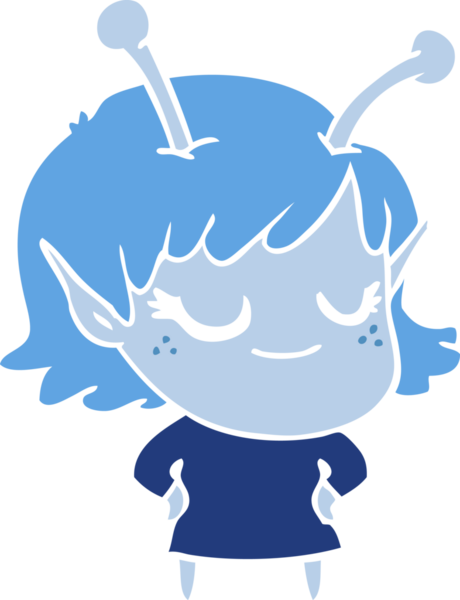 Gülümseyen uzaylı kız düz renkli çizgi film bir insan tarafından çizildi.