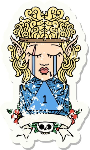 Hüzünlü, barbar bir elf karakterinin grunge çıkartması. Bir insan tarafından çizilmiş doğal bir rulo.