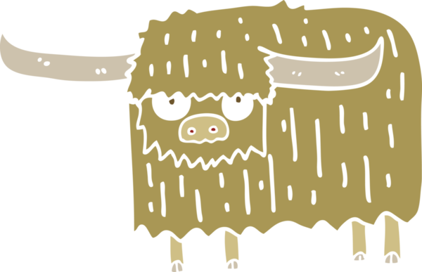 Bir insan tarafından çizilmiş düz renkli çizgi film kıllı inek