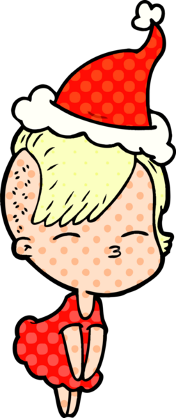 Bir insan tarafından çizilmiş Noel Baba şapkası giyen şaşı bir kızın el çizimi çizgi roman tasviri.