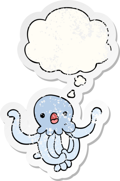 Düşünce baloncuğu olan karikatür denizanası insan tarafından çizilmiş yıpranmış bir çıkartma.