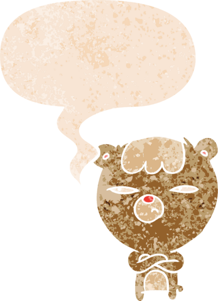 Bir insan tarafından çizilmiş grunge sıkıntılı retro stili konuşma baloncuğu ile çizgi film kızgın ayı