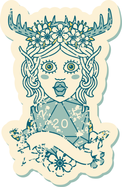 Retro Dövme Tarzı Elf Druid Bir insan tarafından çizilmiş doğal yirmi zar ile