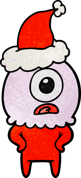 Bir insan tarafından çizilmiş Noel Baba şapkası giyen bir Tepegöz uzaylı uzay adamının el çizimi karikatürü.