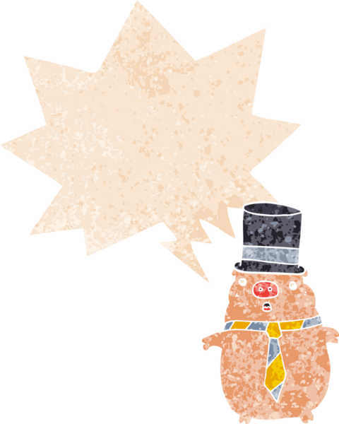 Bir insan tarafından çizilmiş grunge sıkıntılı retro tarzı konuşma balonu ile çizgi film iş domuzu