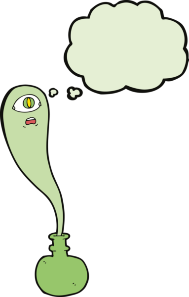 Şişede cadılar bayramı hayaleti ve bir insan tarafından çizilmiş düşünce balonu.