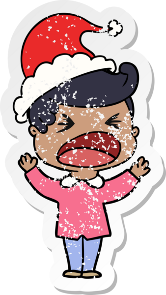 Bir insan tarafından çizilmiş Noel Baba şapkası giymiş bağıran bir adamın el yazısı.
