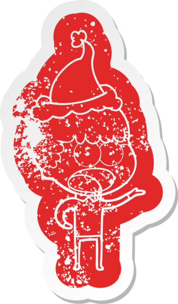 Şok olmuş bir adamın insan tarafından çizilmiş Noel Baba şapkası giymesi garip bir karikatür.