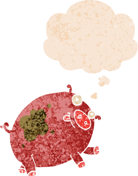 Homurdanan düşünce baloncuklu çizgi film domuzu bir insan tarafından çizilmiş dertli retro stili.