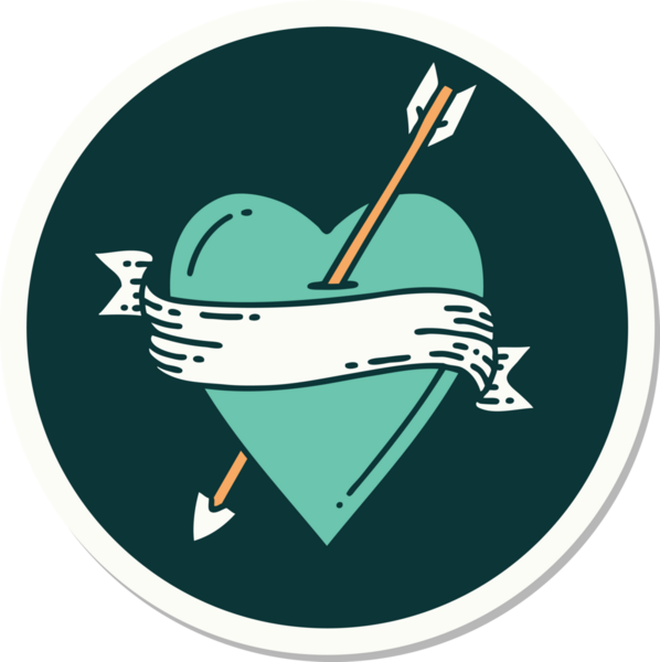 Bir insan tarafından çizilmiş ok kalp ve pankartın geleneksel stiliyle dövme çıkartması.