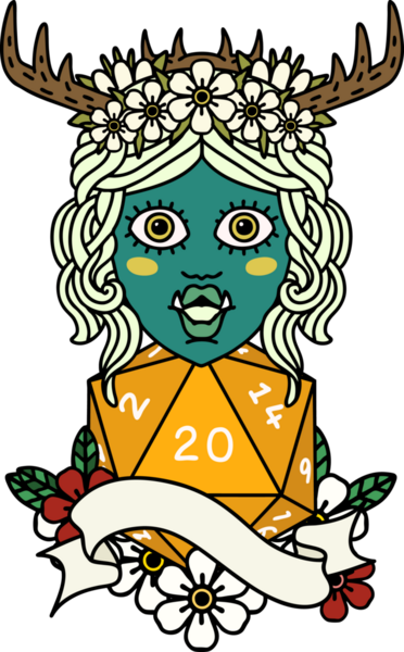 Retro Dövme Biçimi Yarı Ork Druid karakteri Bir insan tarafından çizilmiş doğal 20 zar ile