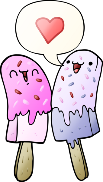 Karikatür buz lolipopu bir insan tarafından çizilmiş yumuşak eğimli konuşma baloncuğuna aşık.