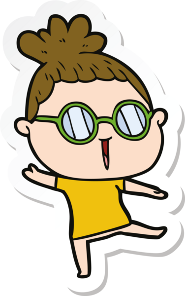 Bir insan tarafından çizilmiş gözlüklü bir karikatür kadının çıkartması.