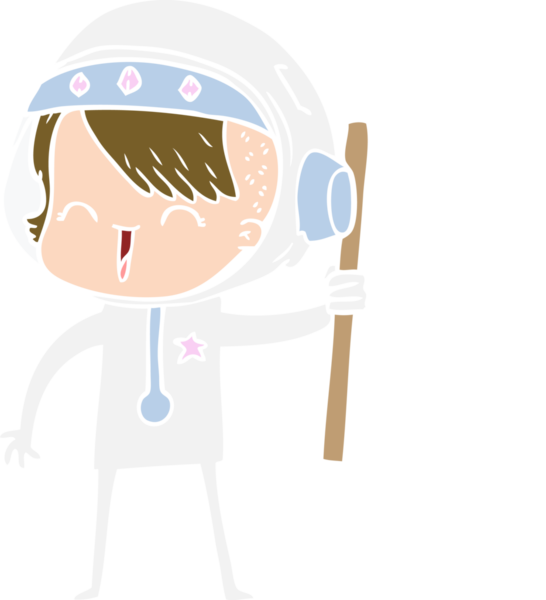 Mutlu düz renkli çizgi film kızı elinde bir insan tarafından çizilmiş bayrak tutuyor.