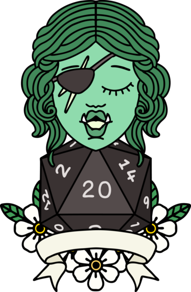 Retro Dövme Biçimi Bir insan tarafından çizilmiş 20 zarlı yarı ork düzenbaz karakter