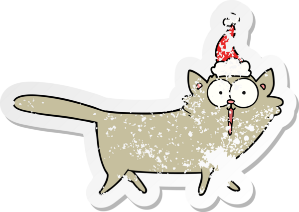 Bir insan tarafından çizilmiş Noel Baba şapkası takan bir kedinin çizilmiş el yazısı.