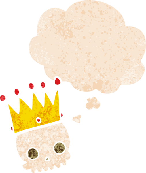 Düşünce baloncuğu ve grunge ile taçlandırılmış karikatür kafatası bir insan tarafından çizilmiş rahatsız edilmiş retro tarzı