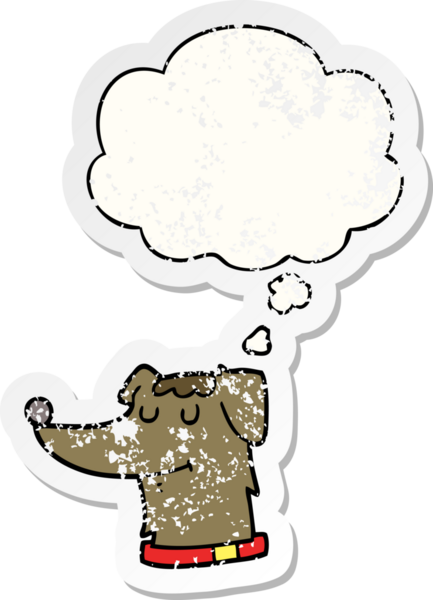 Düşünce baloncuğu olan çizgi film köpeği insan tarafından çizilmiş yıpranmış bir çıkartma gibi.