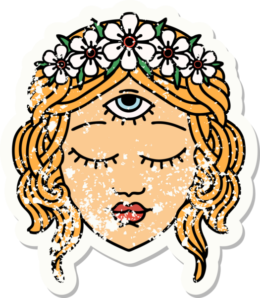 Bir insan tarafından çizilmiş üçüncü göz ve çiçek tacıyla geleneksel kadın yüzü stili dövmesi.