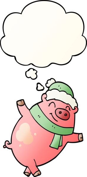 Düşünce baloncuklu Noel şapkası takan bir insan tarafından çizilmiş çizgi film domuzu.