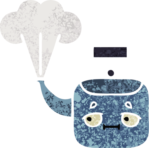 Bir insan tarafından çizilen dumanı tüten bir çaydanlığın retro çizim tarzı karikatürü