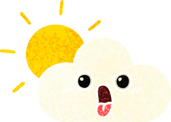 Bir insan tarafından çizilmiş güneş ve bulutun retro çizim tarzı karikatürü