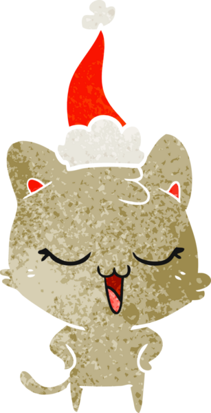 Mutlu el çizimi, Noel Baba şapkası takan bir kedinin insan tarafından çizilmiş retro karikatürü.