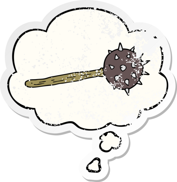 Karikatür ortaçağ topuzu. Düşünce baloncuğu insan tarafından çizilmiş yıpranmış bir çıkartma.