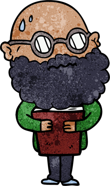 Bir insan tarafından çizilmiş sakallı ve gözlüklü endişeli bir adam.