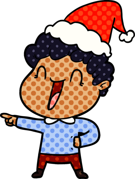 Bir insan tarafından çizilmiş Noel Baba şapkası giyen mutlu bir adamın el çizimi çizgi roman tasviri.