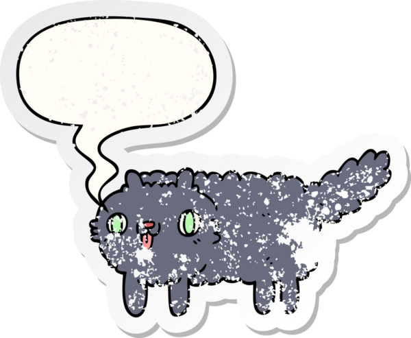 Konuşma baloncuğu olan çizgi film kedisi bir insan tarafından çizilmiş sıkıntılı eski bir çıkartma