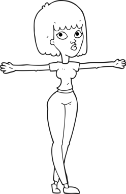 El yazısıyla çizilmiş siyah beyaz kadın bir insan tarafından çekilen kollarını açıyor.