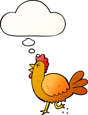 Düşünce baloncuğu olan çizgi film horozu, bir insan tarafından çizilmiş yumuşak eğimli stil.