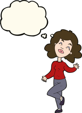 Bir insan tarafından çizilmiş düşünce baloncuğuyla dans eden mutlu kadın çizgi filmi.