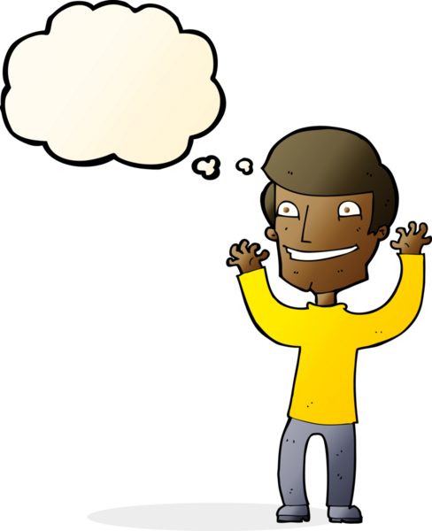 Bir insan tarafından çizilmiş düşünce baloncuğu ile heyecanlı bir adam.