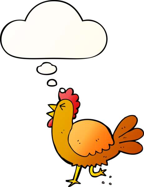 Düşünce baloncuğu olan çizgi film horozu, bir insan tarafından çizilmiş yumuşak eğimli stil.