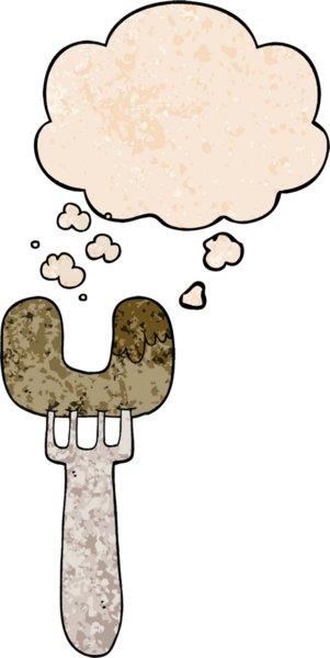 Çatal üzerinde çizgi film sosisi ve insan tarafından çizilmiş grunge desen şeklinde bir düşünce balonu.