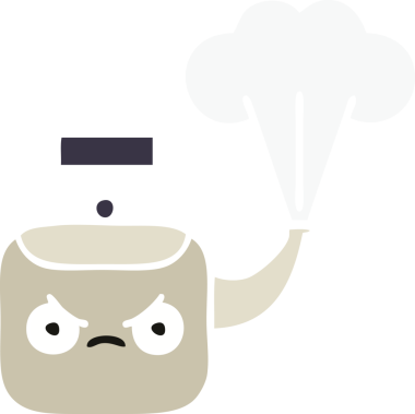 Bir insan tarafından çizilen dumanı tüten bir çaydanlığın düz renkli retro karikatürü