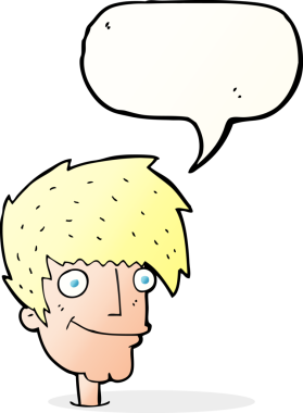 Bir insan tarafından çizilmiş konuşma balonlu gülümseyen adam.