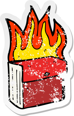 Bir insan tarafından çizilmiş iş dosyalarını yakan bir çizgi filmin gerilimli etiketi.