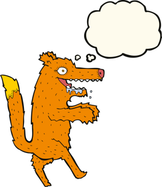 Bir insan tarafından çizilmiş düşünce balonlu çizgi film aç tilkisi.