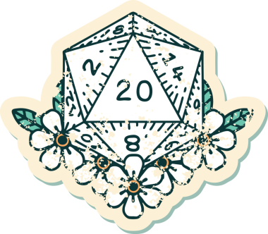 Retro Dövme Biçimi Doğal 20 D20 zar bir insan tarafından çizilmiş çiçek elementleriyle